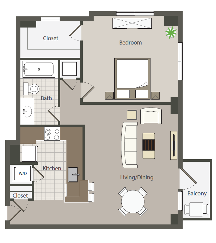 Floor plan for 1 bed, 1 bath, 675 sqft